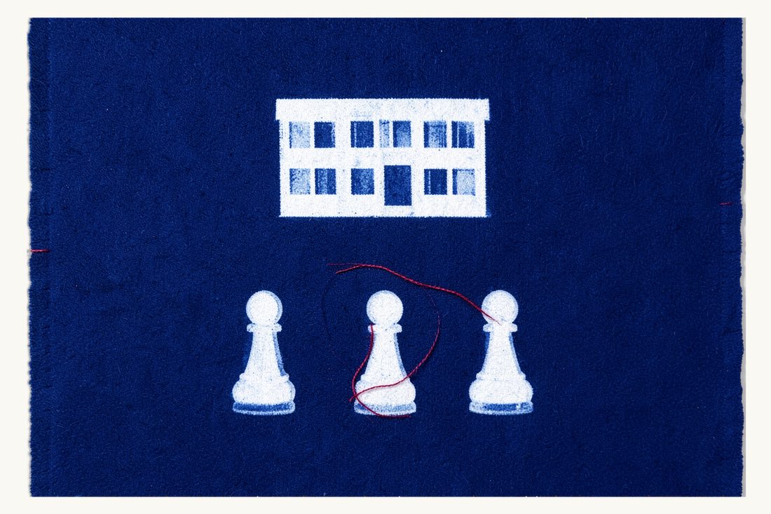 Hiring staff in Turkey as a foreign employer: a large office block above a row of three pawns bound together by one loop of red thread, cyanotype print