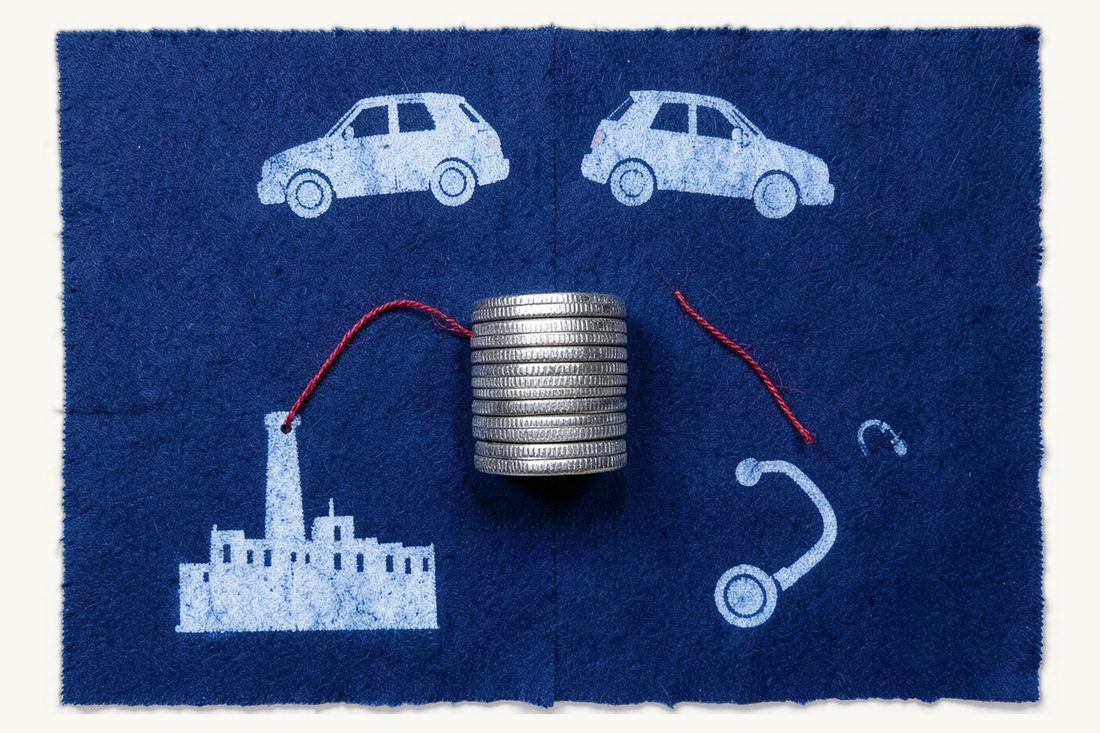 Compensation calculated across accident, work and medical cases: coins stacked edge-on at the centre, a red thread looping to two cars touching bumpers, a factory with a chimney and a stethoscope, cyanotype print