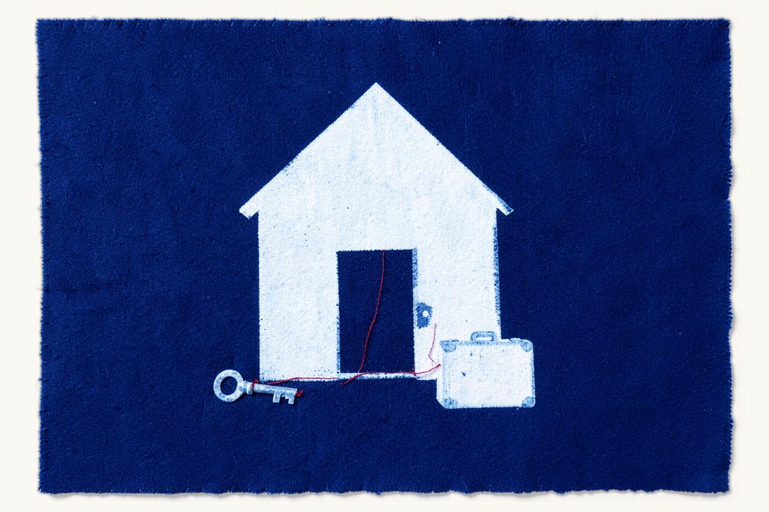 Evicting a non-paying tenant in Turkey: a large house with an open door, a small suitcase set outside it and an old key tied to the door by a red thread, cyanotype print