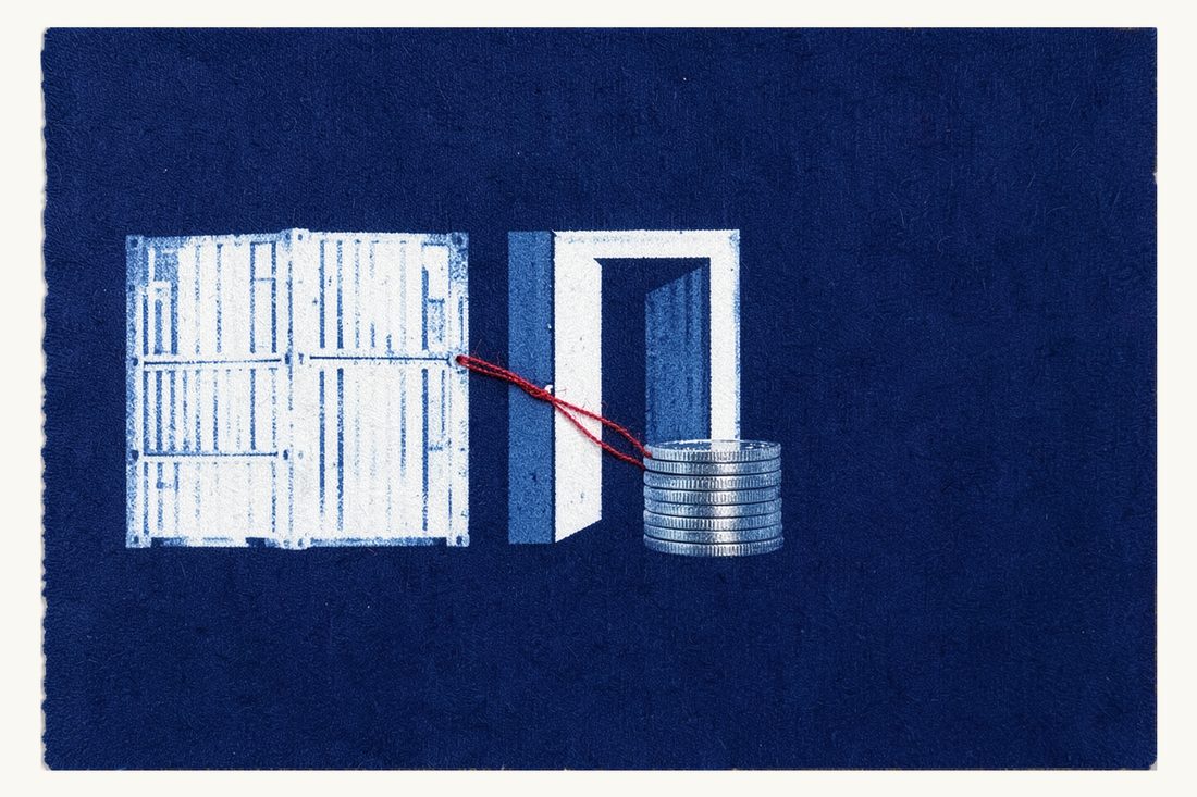 Landed cost of imports at the border: shipping containers at left, a half-open door like a gate, a tall ridged stack of silver coins tied to the containers by a red thread, cyanotype print