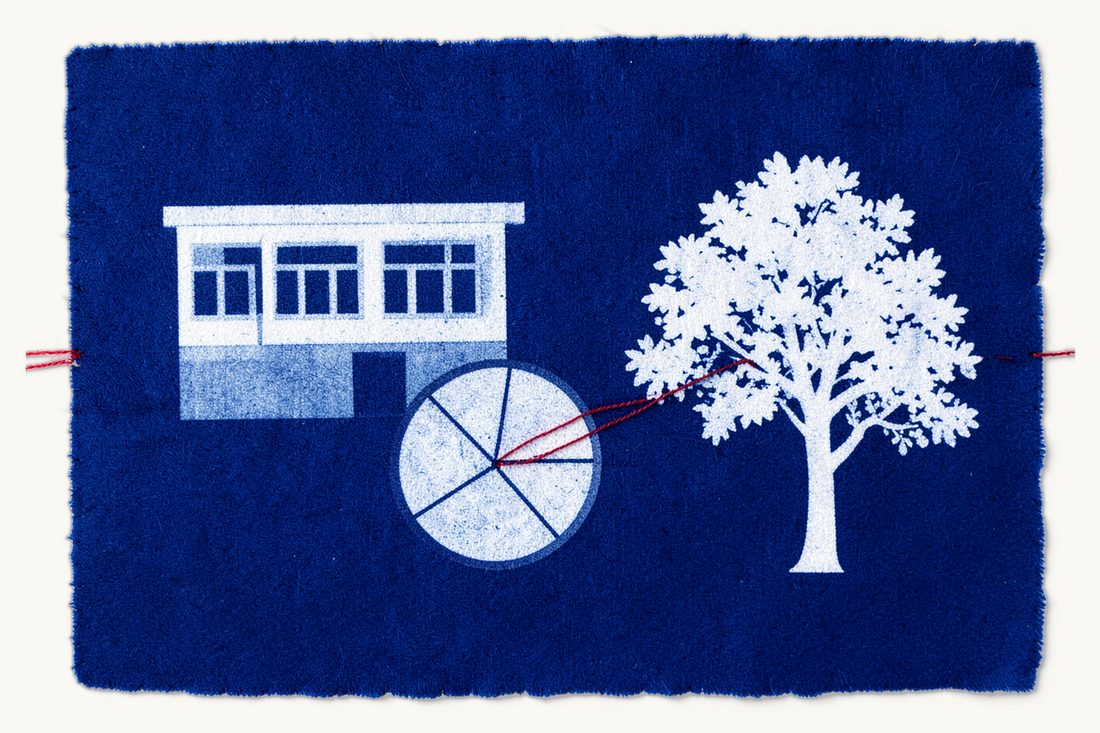 Inheriting LLC shares in Turkey: a large low office block, a round disc cut into equal segments like shares, and a red thread from one segment to a leafy tree, cyanotype print
