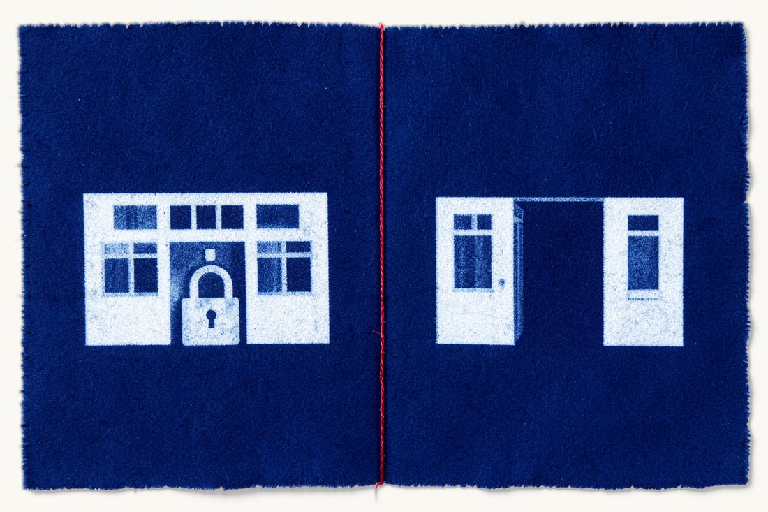 Inheriting limited versus joint-stock company shares: a vertical red thread divides two identical office blocks, one with a large closed padlock at its door and one with an open door, cyanotype print
