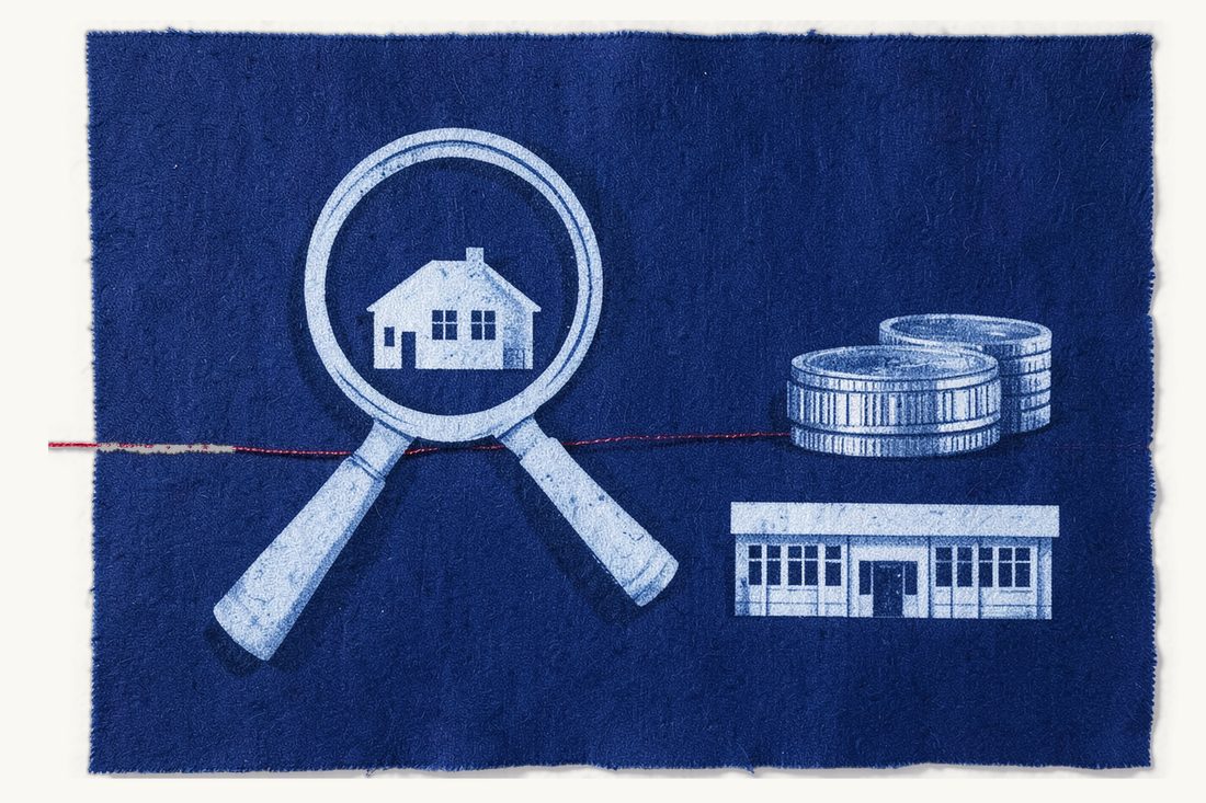Valuation for inheritance and transfer tax on assets in Türkiye: a magnifying glass over a house, with coins and an office block to the right, a red thread linking all three, cyanotype print