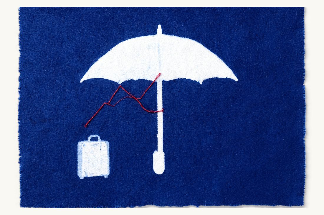 How a foreign investor accesses Turkish investment funds: a large open umbrella with a red thread drawing a rising zigzag line beneath it, starting from a small suitcase at left, cyanotype print