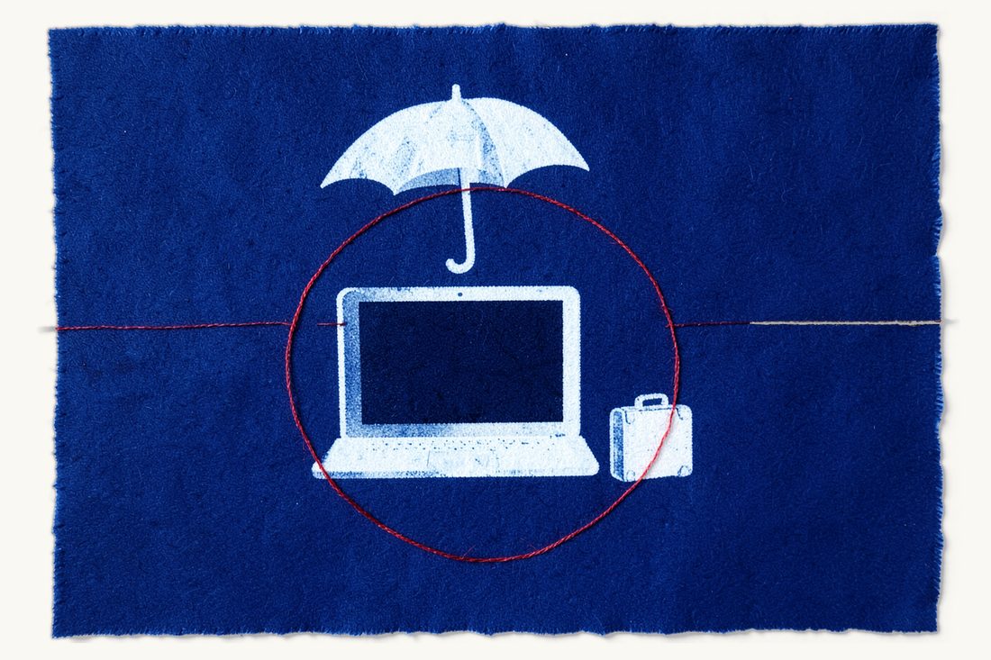KVKK data protection compliance for foreign companies: a very large laptop with a dark screen under an open umbrella, a small suitcase beside it, a red thread circling both, cyanotype print