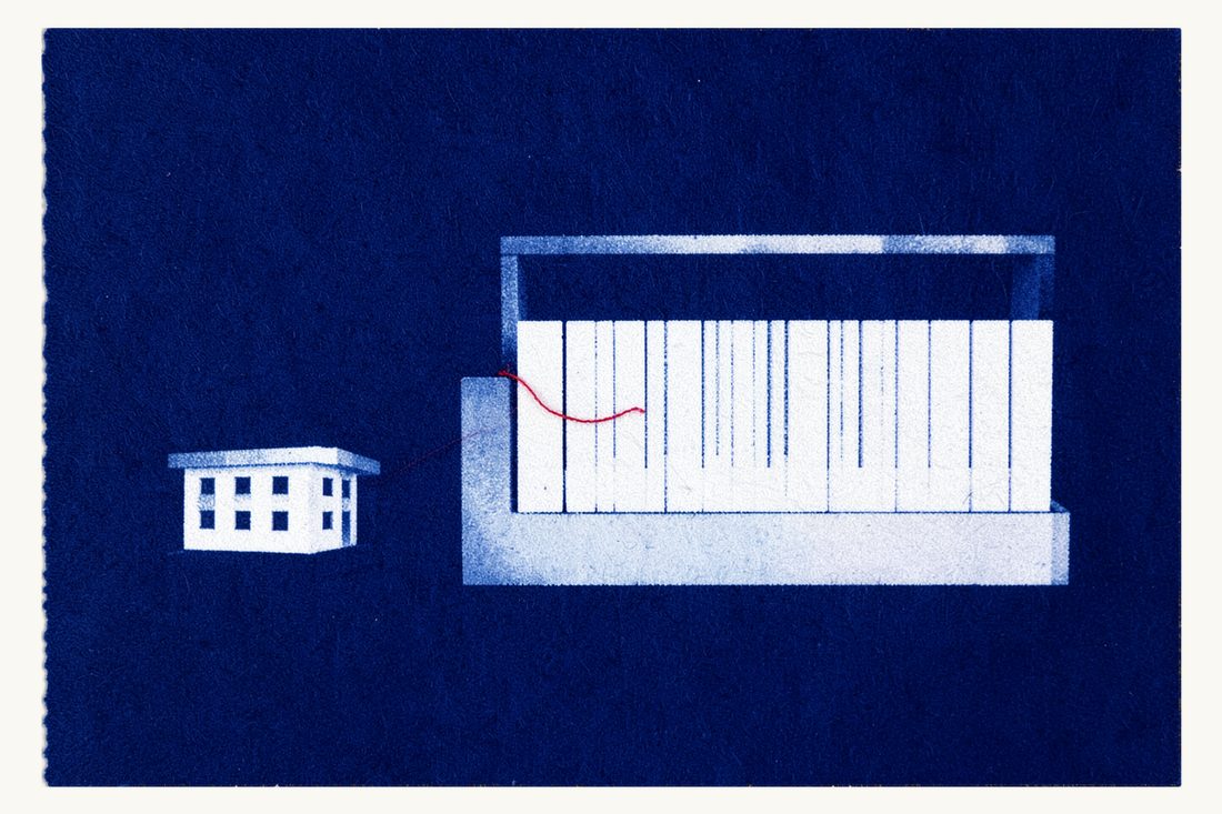 The data protection regulator and the VERBİS registry: an open card-index drawer of blank cards, one raised card tied by a red thread to a small office building, cyanotype print