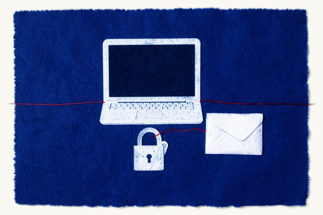 Data breach rules and notification duties under KVKK: a large laptop with a dark screen, an open padlock in front of it and a red thread leading to a closed envelope, cyanotype print