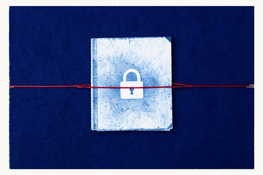 Special-category personal data under KVKK: a large document folder closed with two padlocks, one above the other, encircled by a tight red thread ring, cyanotype print