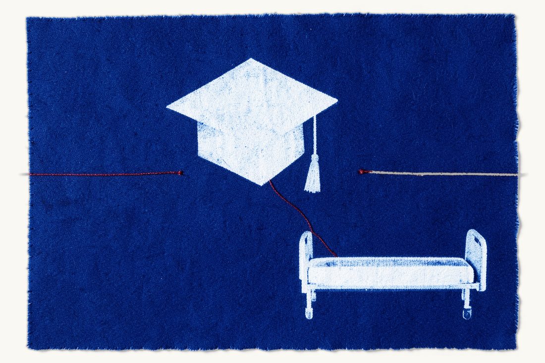 Malpractice liability of university hospitals: a large academic mortarboard cap whose tassel is tied by a red thread to an empty hospital bed, cyanotype print