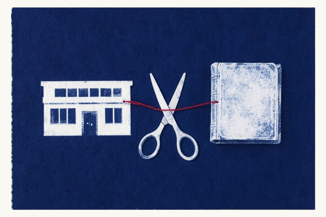 Liquidating a joint stock company in Türkiye: a small office block tied by a red thread to a blank book, with open scissors poised to cut the thread between them, cyanotype print