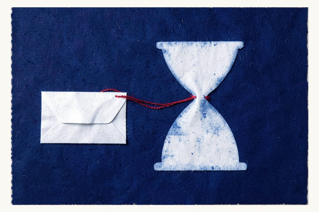 The creditors' call and the three-month wait: a cyanotype print of a white envelope tied by a red thread to the narrow waist of a large hourglass