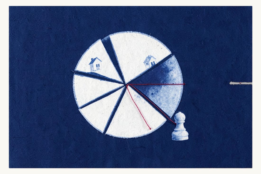 Real estate investment fund rules in Türkiye: a round pie of six slices each carrying a small house, one slice pulled out and tied by a red thread to a pawn, cyanotype print