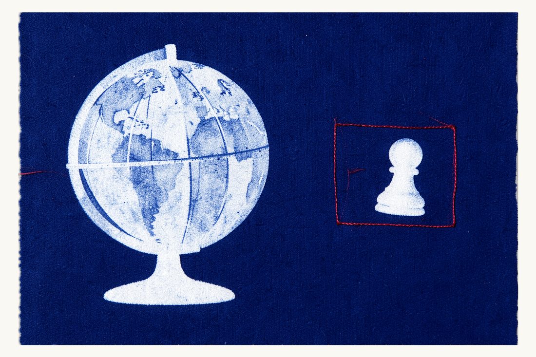 A detained foreigner's right to contact the consulate: a large plain globe linked by a long red thread to a small pawn enclosed in a red square, cyanotype print