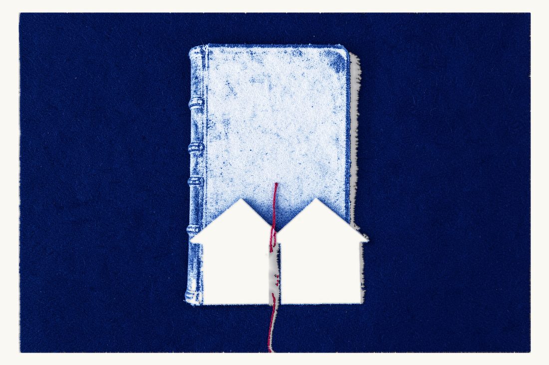 Dissolution lawsuit after failed mediation: a large closed antique book behind a house cut into two halves set apart, a red thread running from the book into the gap, cyanotype print