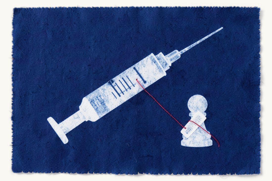 Medical malpractice claims in Türkiye: a large medical syringe joined by a red thread to a small chess pawn with an adhesive bandage on its head, cyanotype print