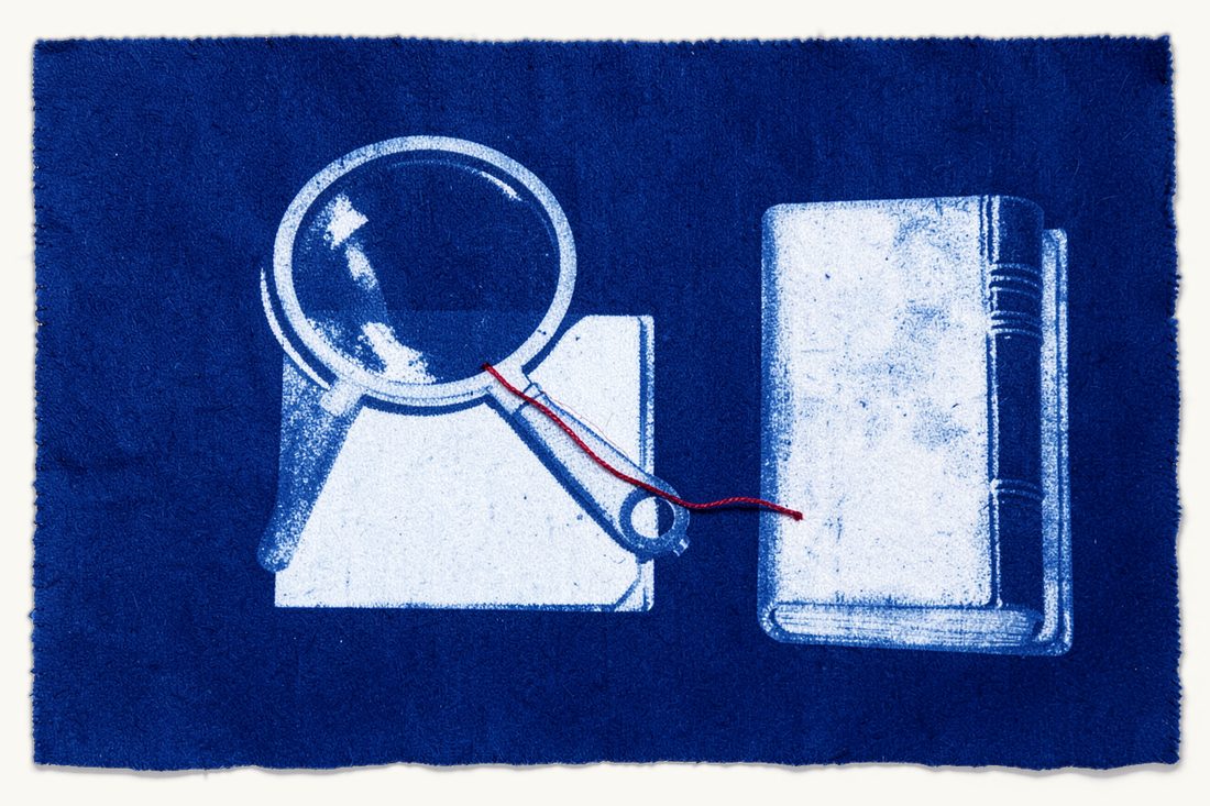 Evidence in medical malpractice claims in Türkiye: a magnifying glass over a document folder with a stethoscope beside it, a red thread running to an antique book on the right, cyanotype print