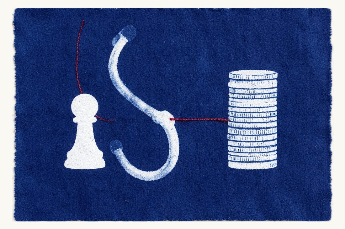 Medical malpractice compensation in Türkiye: a large stethoscope, a chess pawn on the left and a stack of coins seen edge-on on the right, joined by a red thread, cyanotype print