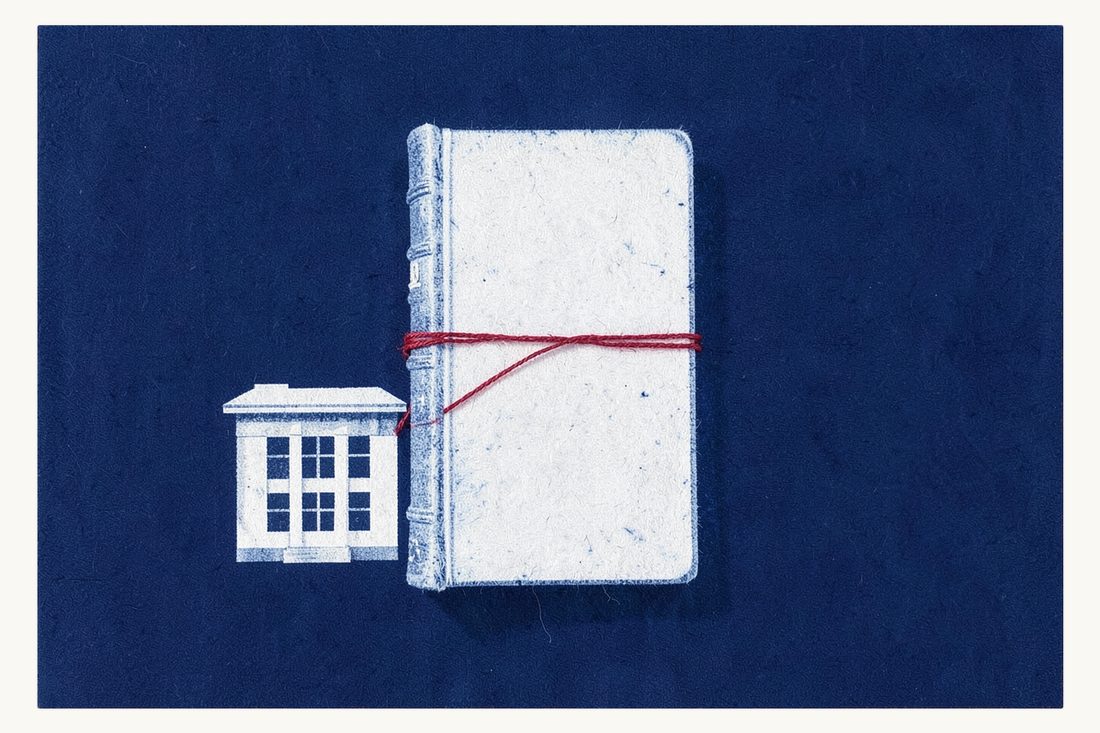Mandatory lawyer for joint stock companies in Türkiye: a large antique law book bound tightly to a small office building by a red thread wound around both, cyanotype print