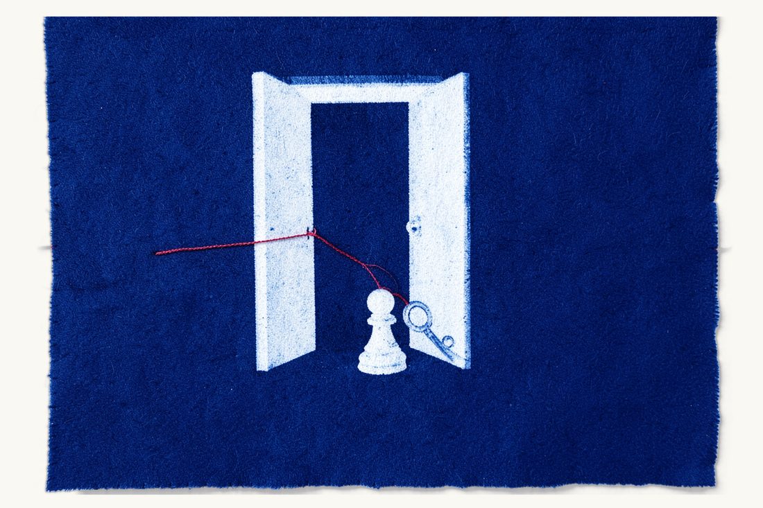 Medical license for foreign doctors in Turkey: a half-open door with a chess pawn in the doorway, a large stethoscope at the threshold and a red thread joining them, cyanotype print