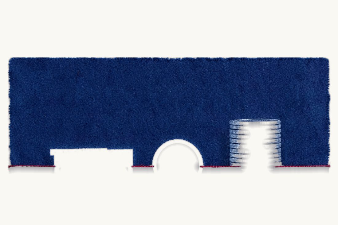 Corporate bank account in Türkiye for foreign firms: an office block joined by a red thread to a tall coin stack, a large magnifying glass over the thread between them, cyanotype print