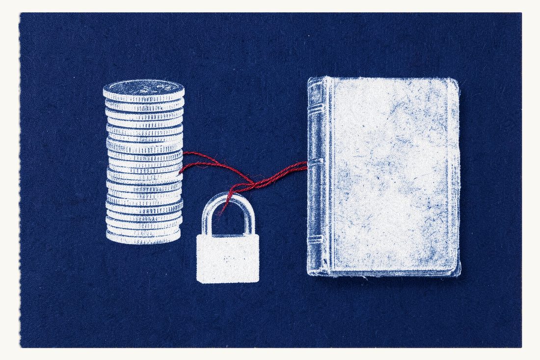 Security (teminat) required for a precautionary attachment: a tall stack of coins seen edge-on with a closed padlock at its foot, linked by a red thread to a thick antique book, cyanotype print
