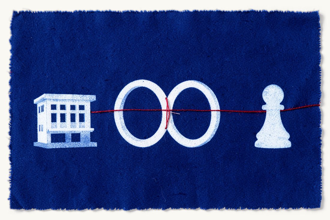 Board members and self-dealing in Turkey: two large interlinked plain rings with a red thread running from a chess pawn through both to an office block, cyanotype print