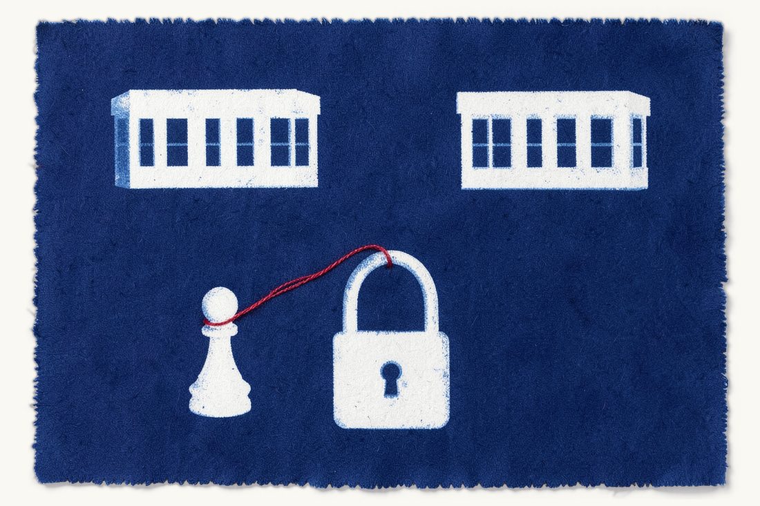 Director non-compete rule in Turkey: two identical office blocks, a chess pawn tied to the left one and a large padlock hanging before the right one, cyanotype print