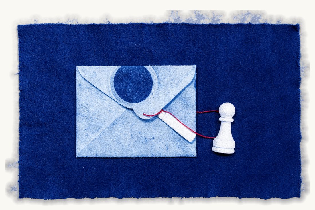 The written notice of an entry ban: a closed envelope under a magnifying glass, a red thread running from it to a chess pawn on the right, cyanotype print