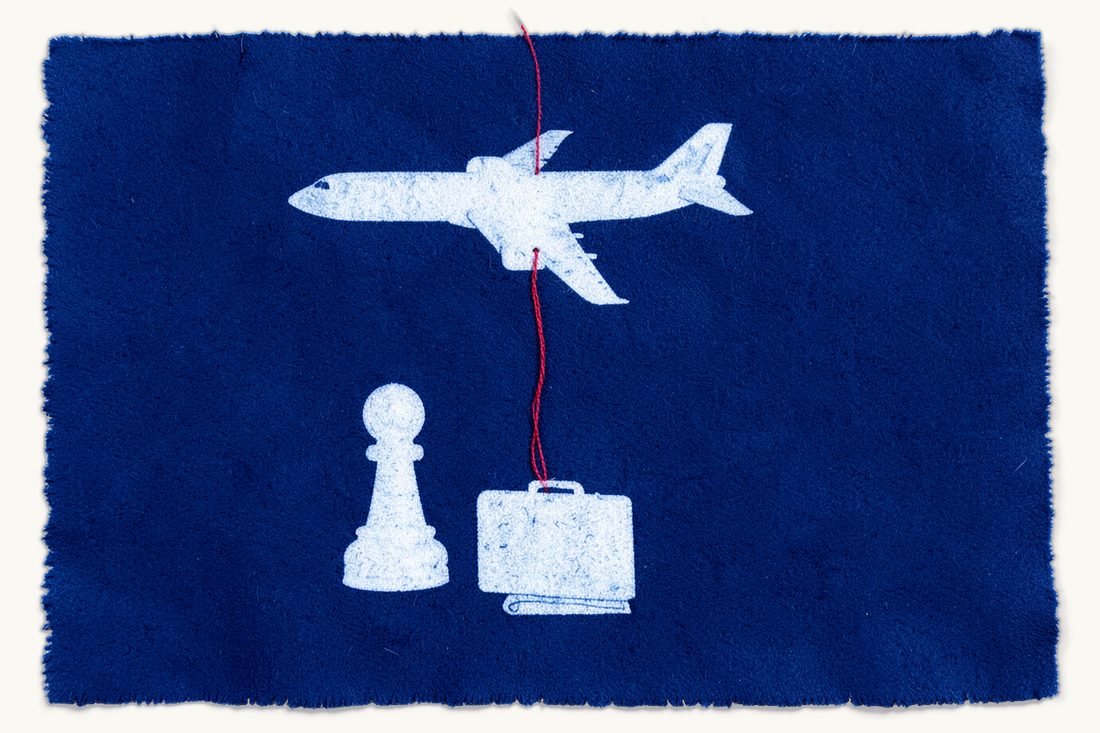 Deportation of foreigners in Türkiye and how to appeal: a passenger airplane flying left above a pawn, a small suitcase and a folded sheet, a red thread rising from the sheet, cyanotype print