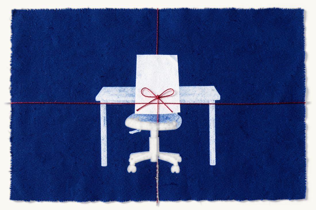 Turkish employment law updates 2026: a plain office desk with an empty swivel chair, a blank folded sheet tied in a red thread bow resting on top, cyanotype print