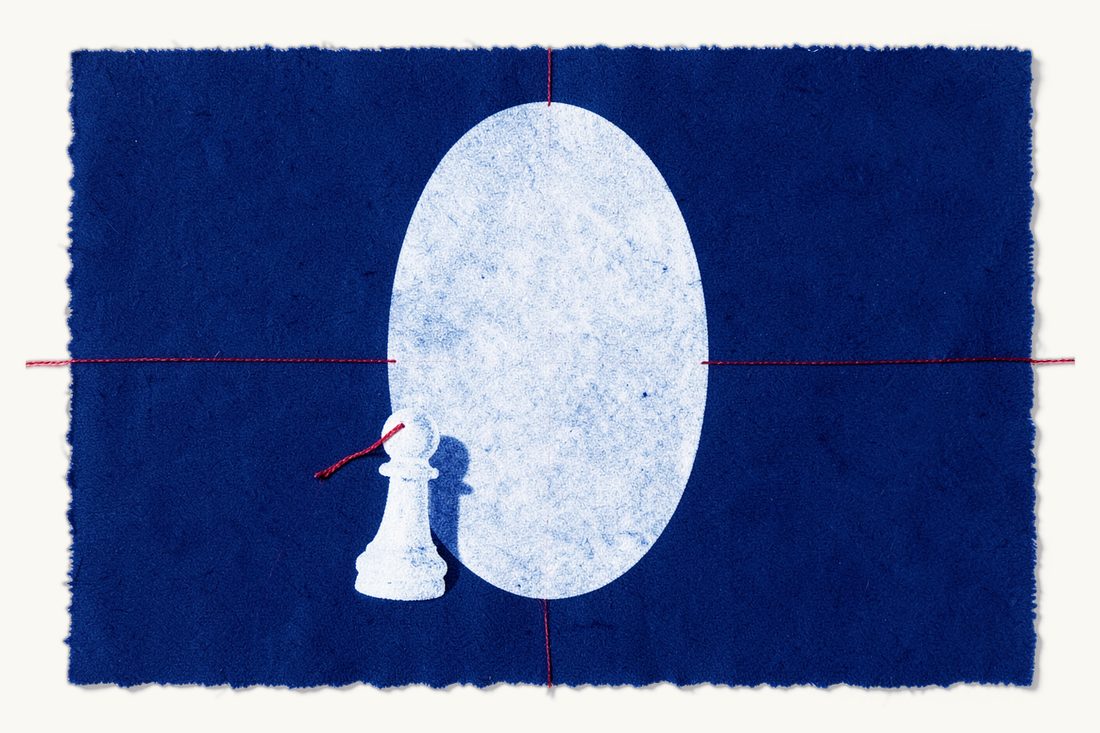 Reciprocity in enforcing foreign judgments in Türkiye: a large standing oval mirror, a chess pawn and its identical reflection joined by a red thread, cyanotype print