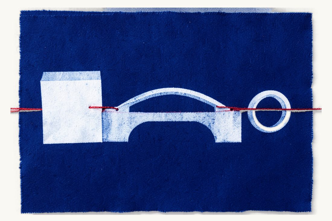 Recognition of foreign divorce decrees in Turkey: a large arched bridge with a folded blank sheet at one end and two wedding rings at the other, a red thread along the deck, cyanotype print