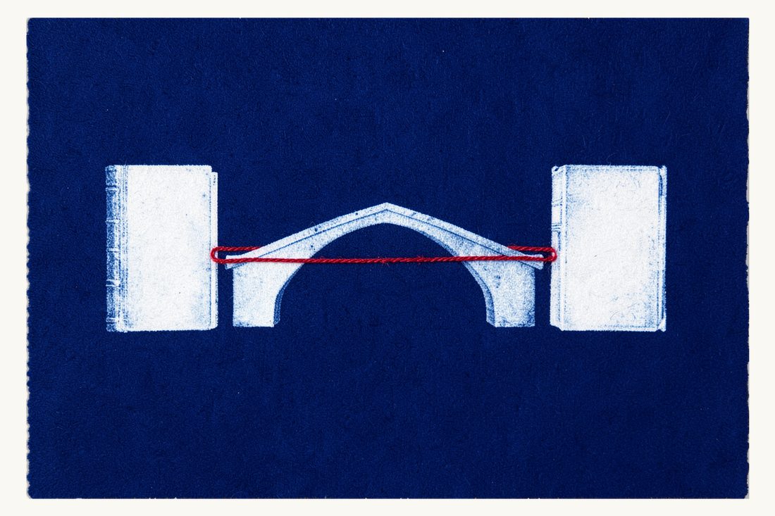 Recognition versus enforcement of foreign judgments in Türkiye: an arched bridge joining two thick antique books, with a red thread running over the bridge from one book to the other, cyanotype print