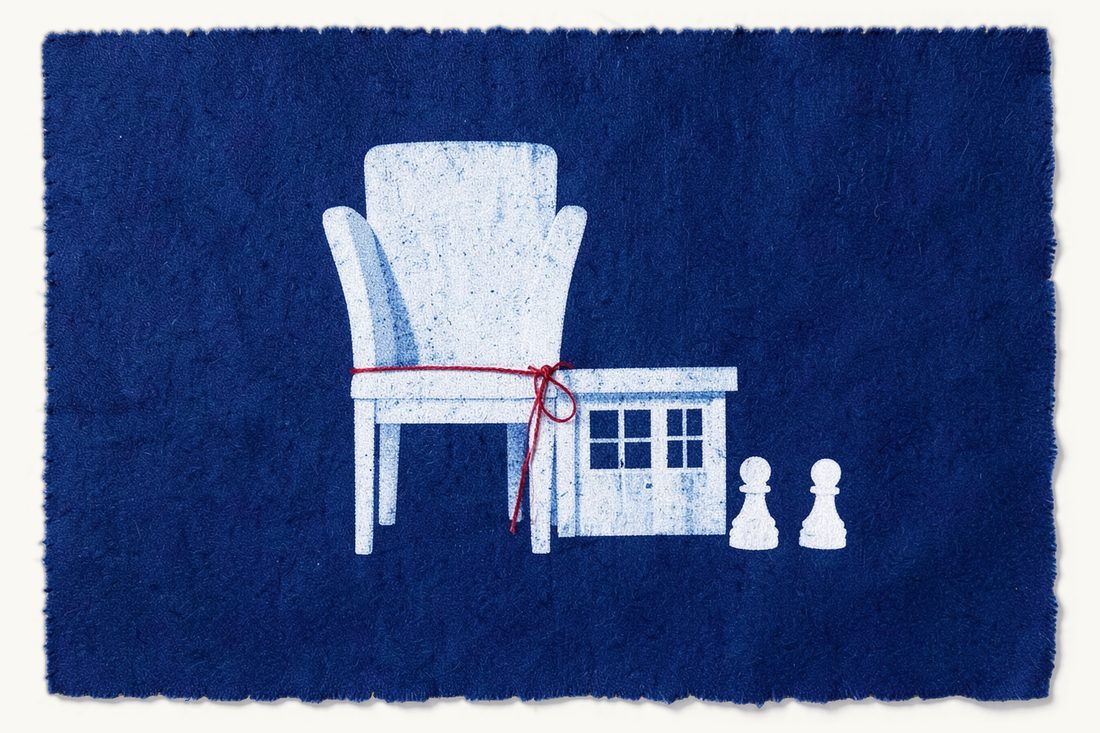 Removing a manager of a Turkish limited company: a large empty high-backed chair blocking the door of an office block, tied to it by a red thread, with two chess pawns facing it, cyanotype print