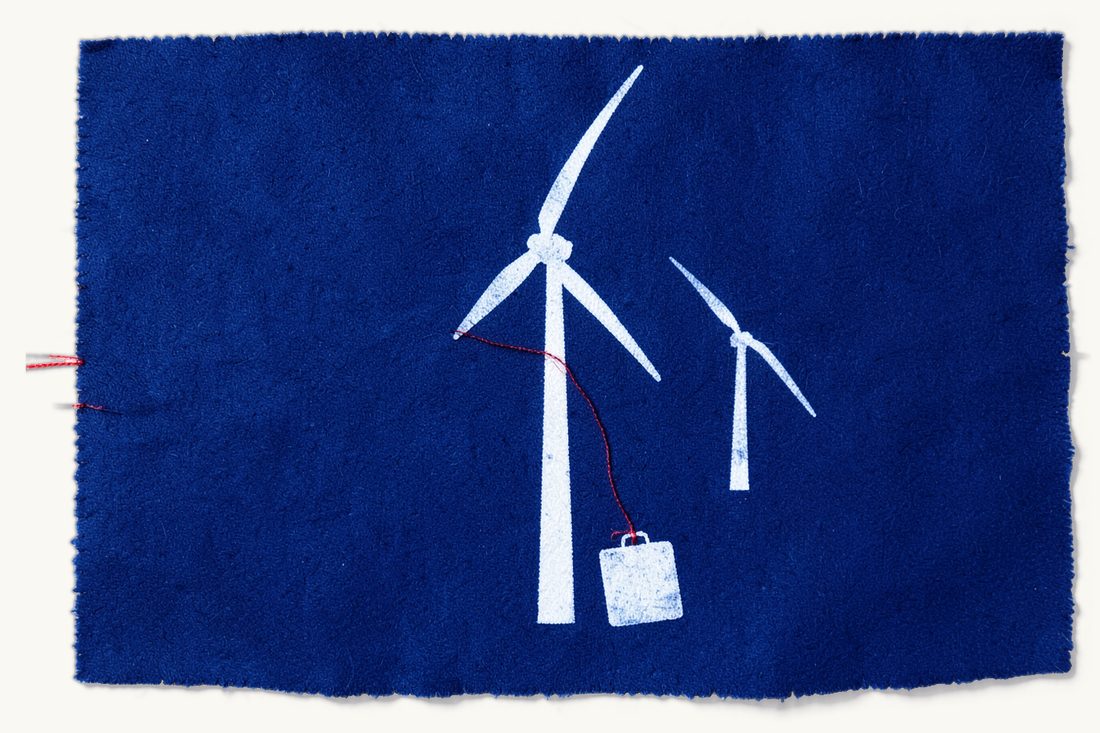 Renewable energy investment in Türkiye: a large wind turbine with a smaller one behind, a small suitcase at its foot tied to it by a red thread, cyanotype print