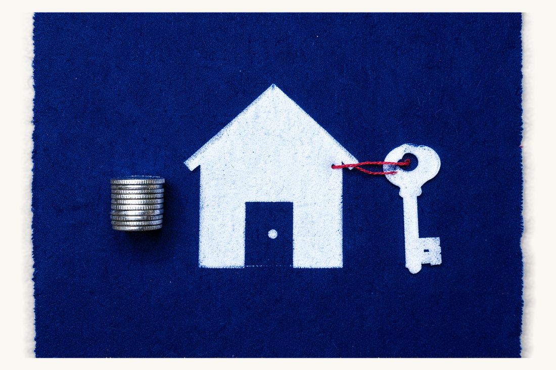 Renting out property in Türkiye: a house with an old key hanging from a red thread tied to its door and a short coin stack standing beside it, cyanotype print