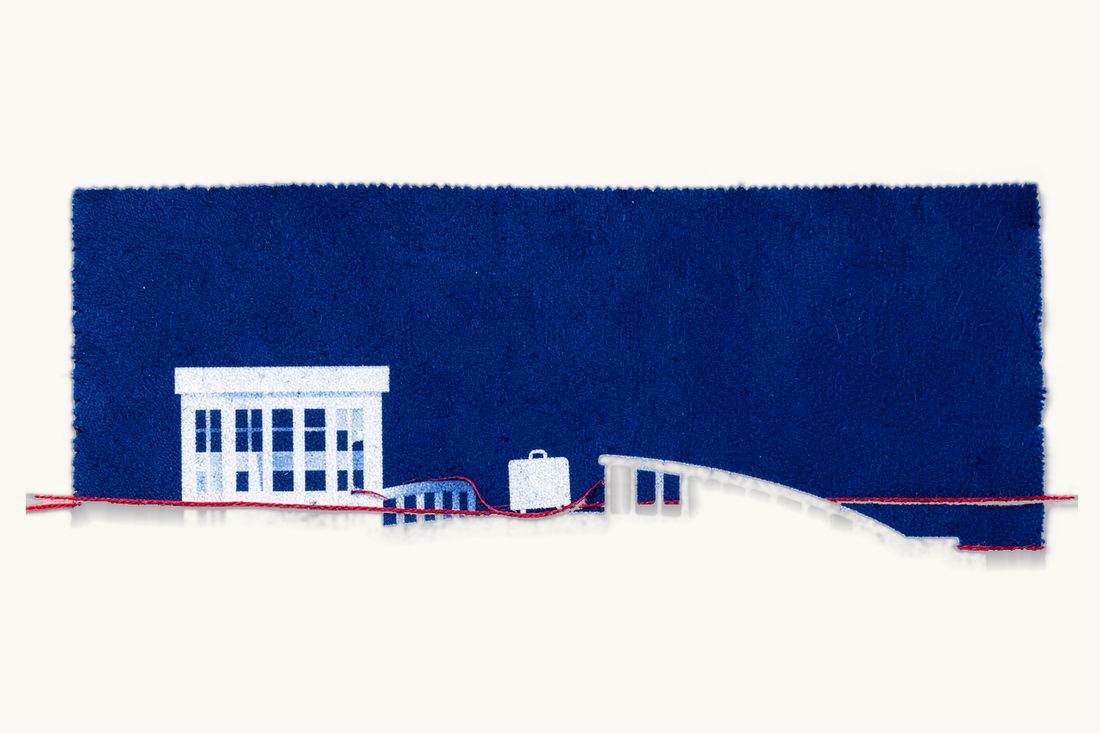 Repatriating profits from Türkiye to a foreign parent: a large arched bridge with an office block at its left end and a small suitcase on its deck, joined by a red thread, cyanotype print