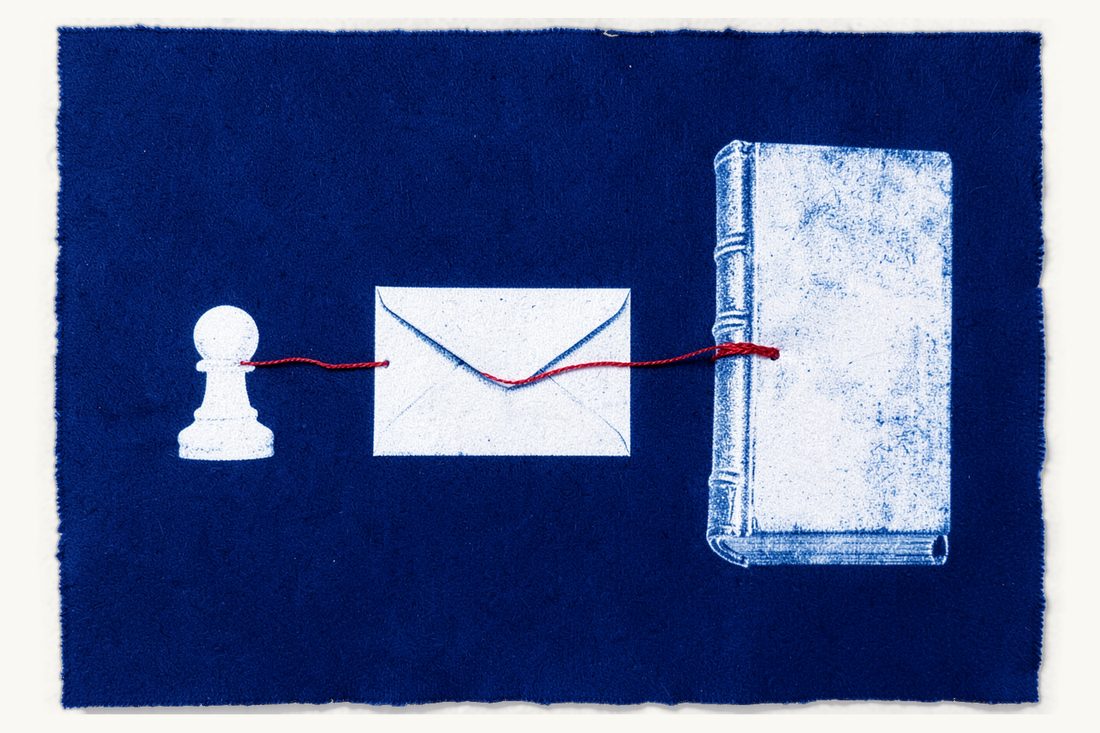 A data subject's complaint to the KVKK Board: a chess pawn sending a closed envelope by red thread towards a large antique book, cyanotype print