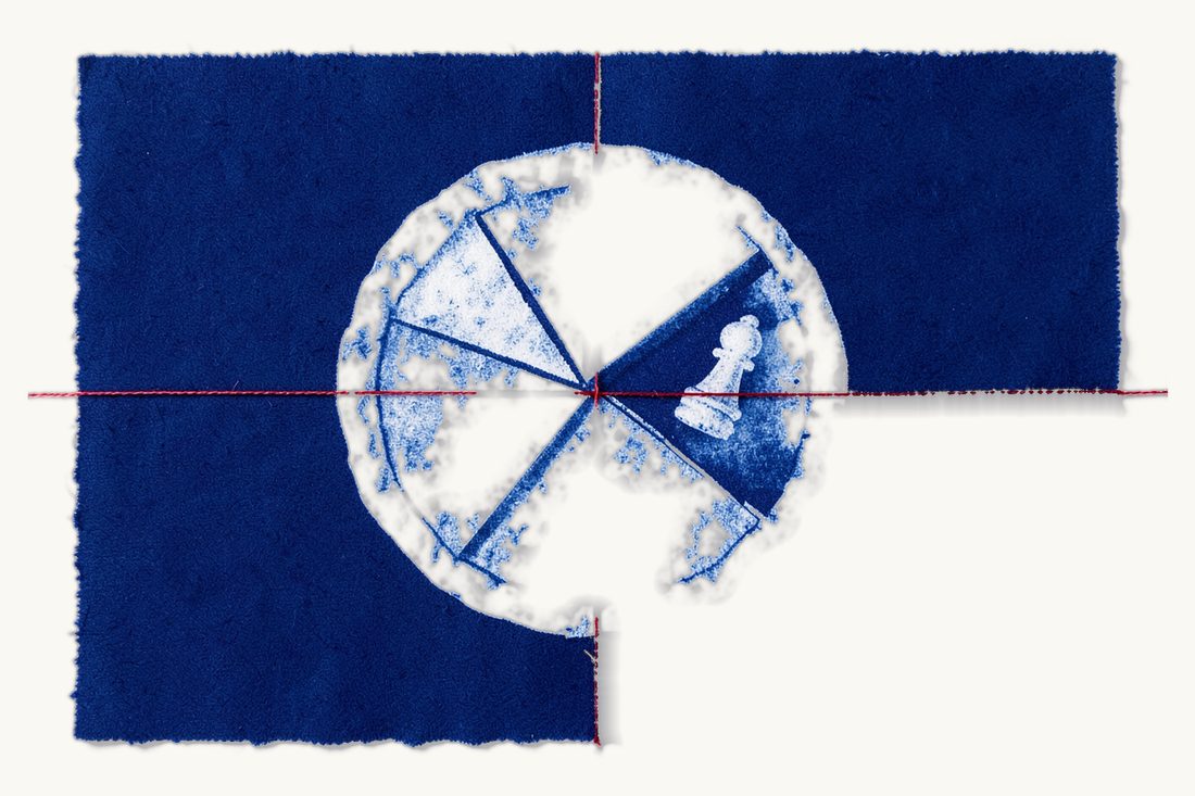 Defending minority shareholders against dilution in a capital increase: a large round pie cut into wedges, one narrow wedge ringed by a red thread beside a chess pawn, cyanotype print