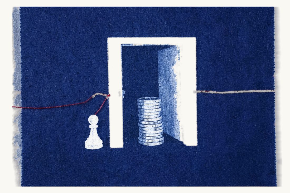 Security for costs for foreign claimants in Türkiye: a large half-open door with a tall coin stack on its threshold, a chess pawn waiting outside tied to it by red thread, cyanotype print