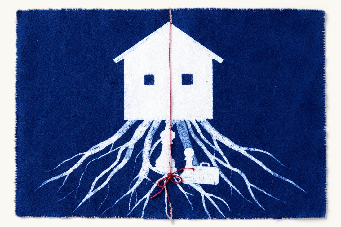Selling a property used for citizenship by investment: a house whose floor grows deep tree roots knotted with red thread, a pawn and suitcase at its door, cyanotype print