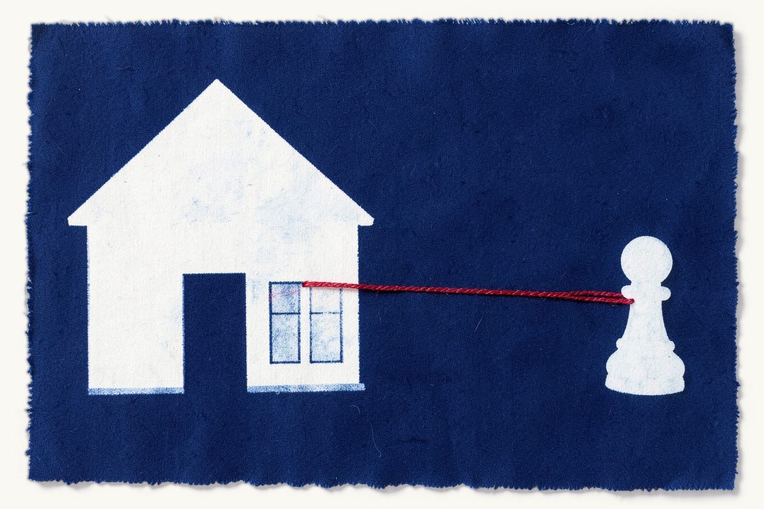 Consular help to keep in touch with a relative held abroad: a large house whose red thread runs through a small office block midway to a distant chess pawn, cyanotype print