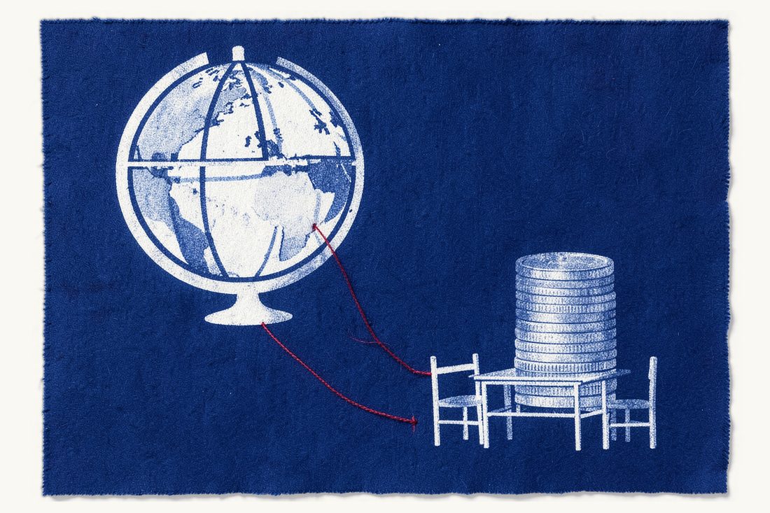 Sending money to and visiting a foreign prisoner in Türkiye: a large globe linked by a red thread to a coin stack on a small table with two facing chairs, cyanotype print