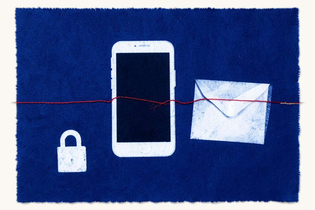 Phone calls, video kiosks and letters for an inmate: a smartphone with a blank screen tied to a closed envelope by a red thread, a small padlock in the corner, cyanotype print