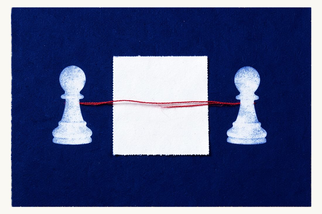Tax settlement (uzlaşma): two chess pawns on either side of a blank sheet with a fountain pen, joined by one taut red thread passing over the sheet, cyanotype print