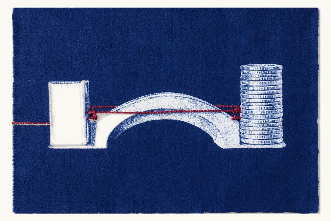 How a tax treaty can change the residency outcome: an arched bridge joining two thick antique books, a red thread running along it, a coin stack at the top of the arch, cyanotype print
