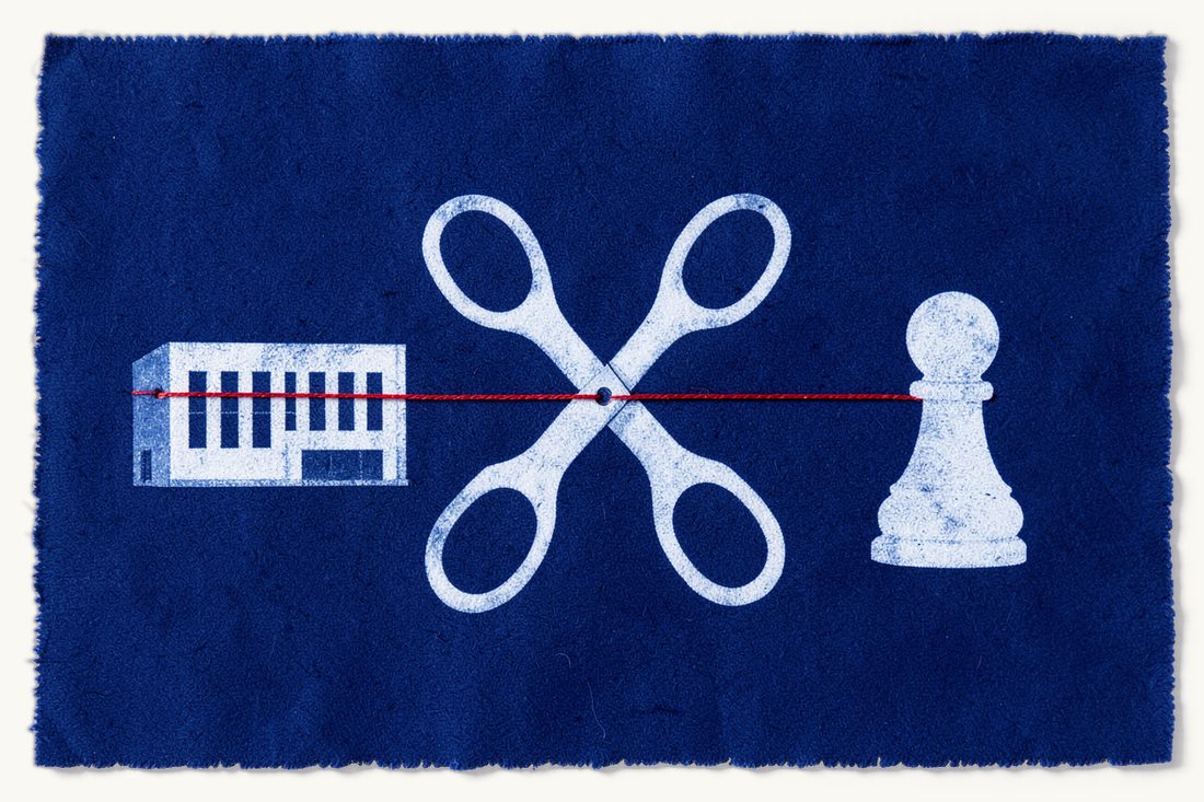 Terminating an employee in Türkiye: large open scissors cutting a red thread in two, one end tied to a low office block and the other to a lone chess pawn, cyanotype print