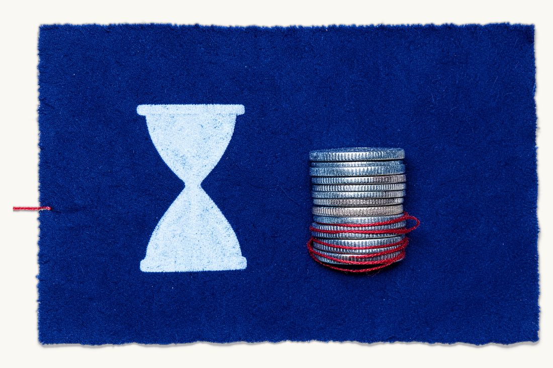 Severance and notice payments when terminating an employee: two separate stacks of coins side by side, an hourglass beside the left stack, a red thread spiralling around the right, cyanotype print