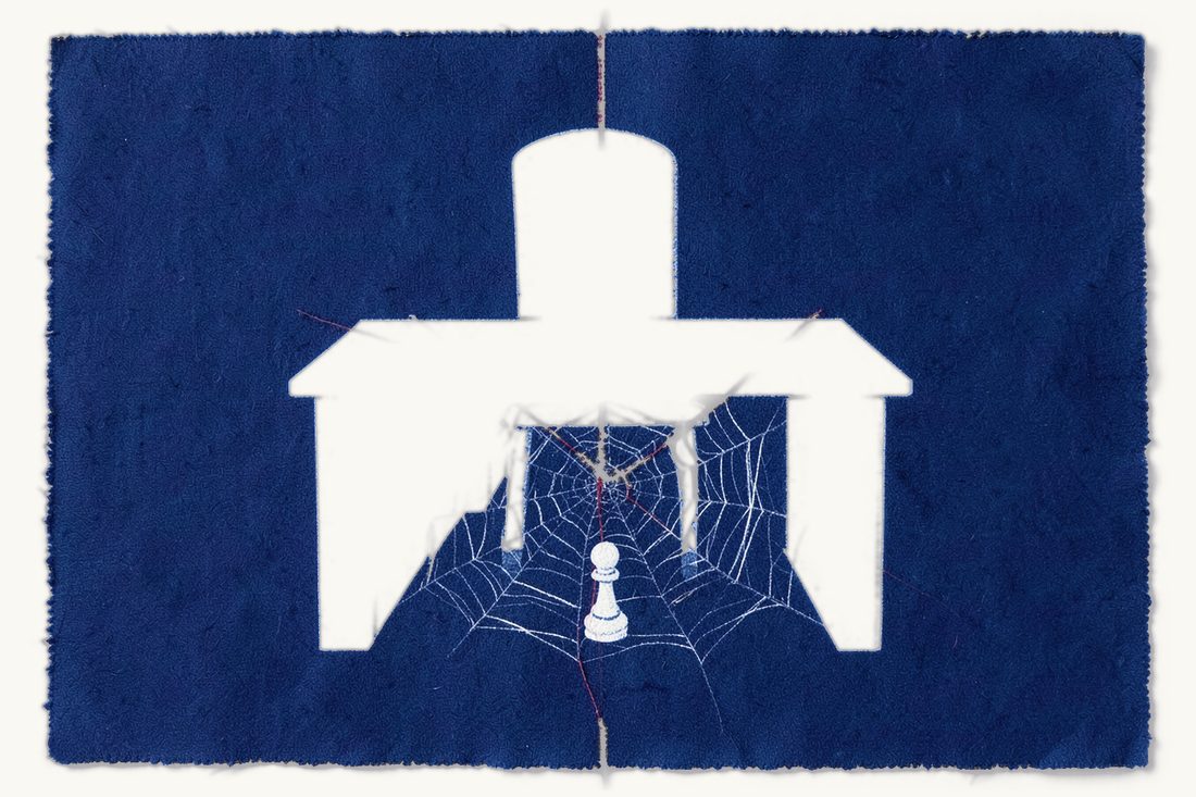 Official misconduct under Turkish criminal law: an empty desk and chair joined by a thick spider web, a pawn waiting in front, its red thread caught in the web, cyanotype print