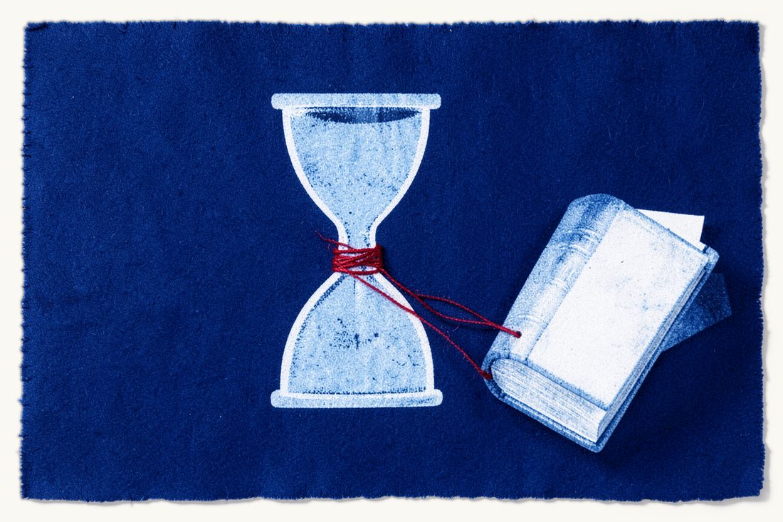 Prosecution time limit for official misconduct: an hourglass wound with red thread whose loose end trails toward a thick antique book, cyanotype print